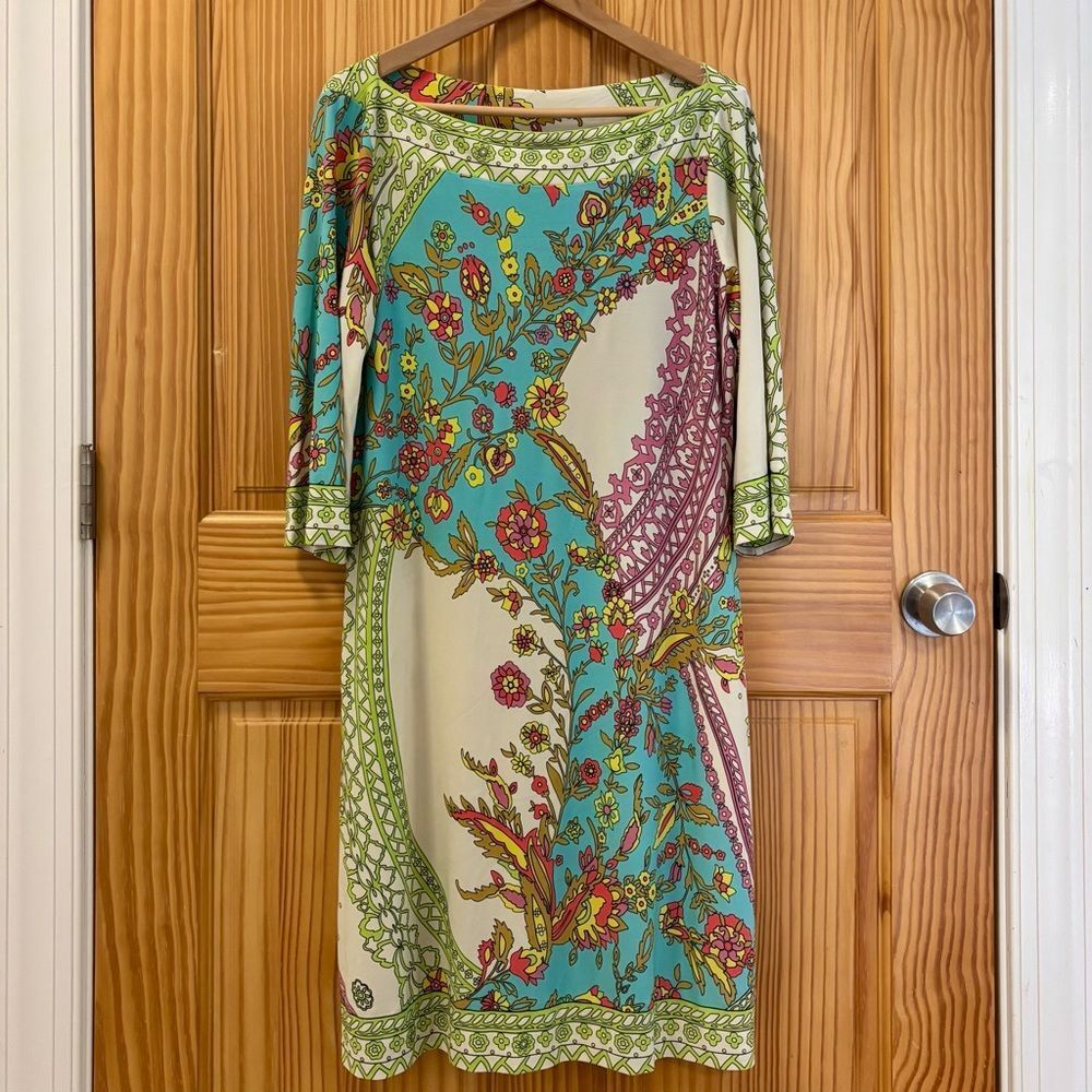 Donna Morgan Turquoise Floral Long Sleeve Dress with Pink & Yellow Accents